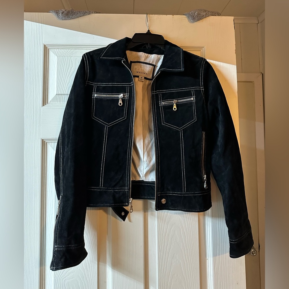 Wilsons Leather Black Jean Jacket with White Stitching